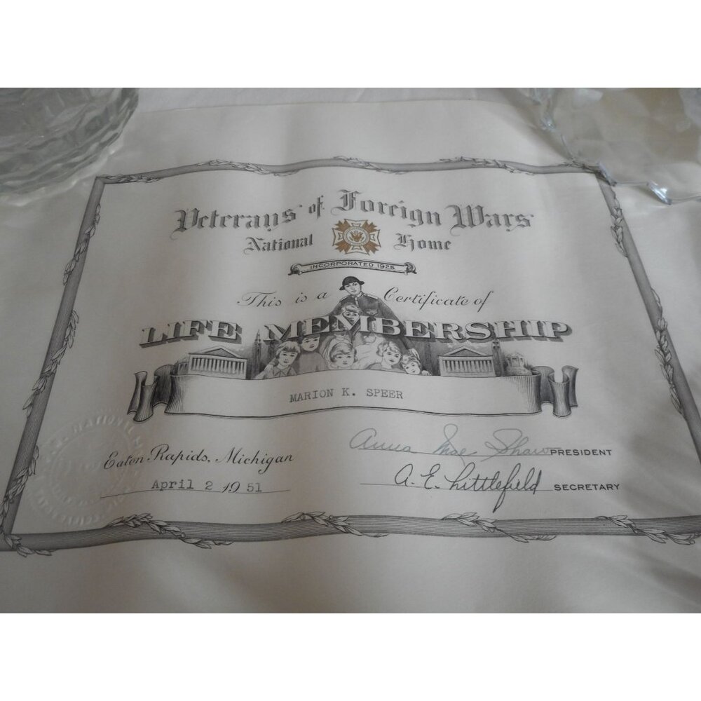 Vintage 1951 Veterans of Foreign Wars Life Membership Certificate 9.5 x 12"